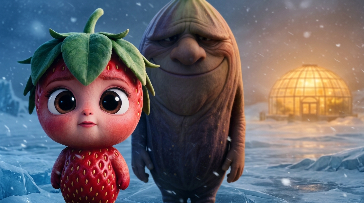 3D Pixar-style scene of an anthropomorphic strawberry child beside a towering fig figure in a frozen landscape, with a glowing greenhouse dome in the distance