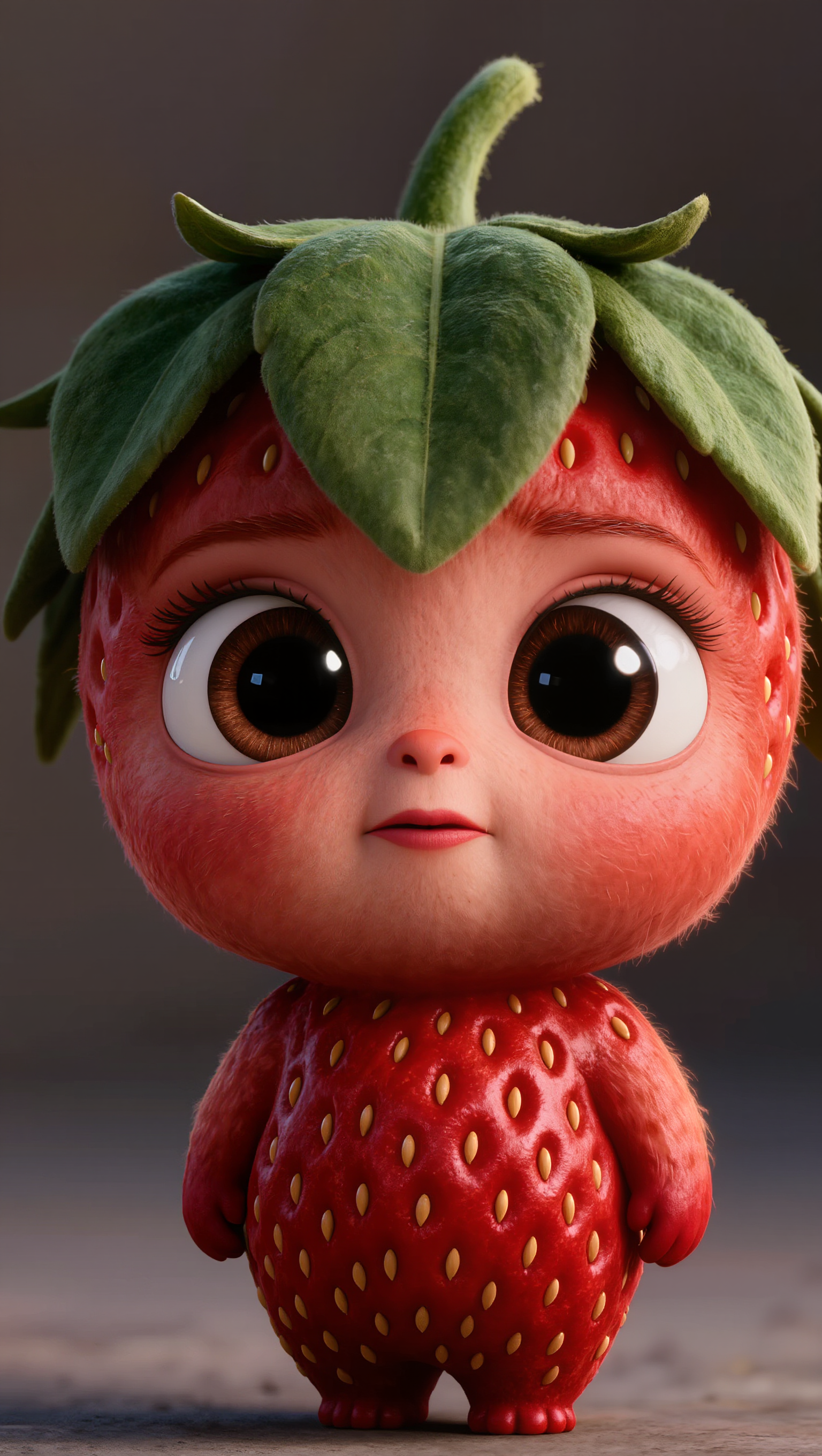 Strawbinita character portrait — a 3D Pixar-style anthropomorphic strawberry child with a green leaf-crown and large expressive eyes